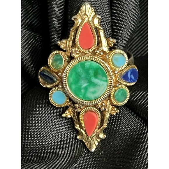 Vintage Mode Art Adjustable Ring Multi Gem Gold Tone Victorian Revival Style - Picture 9 of 12